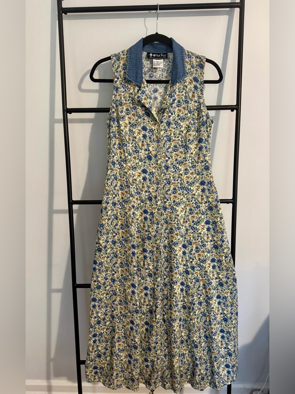 Vintage ‘All That Jazz’ Blue and Yellow Floral Collared Midi Dress, S/M